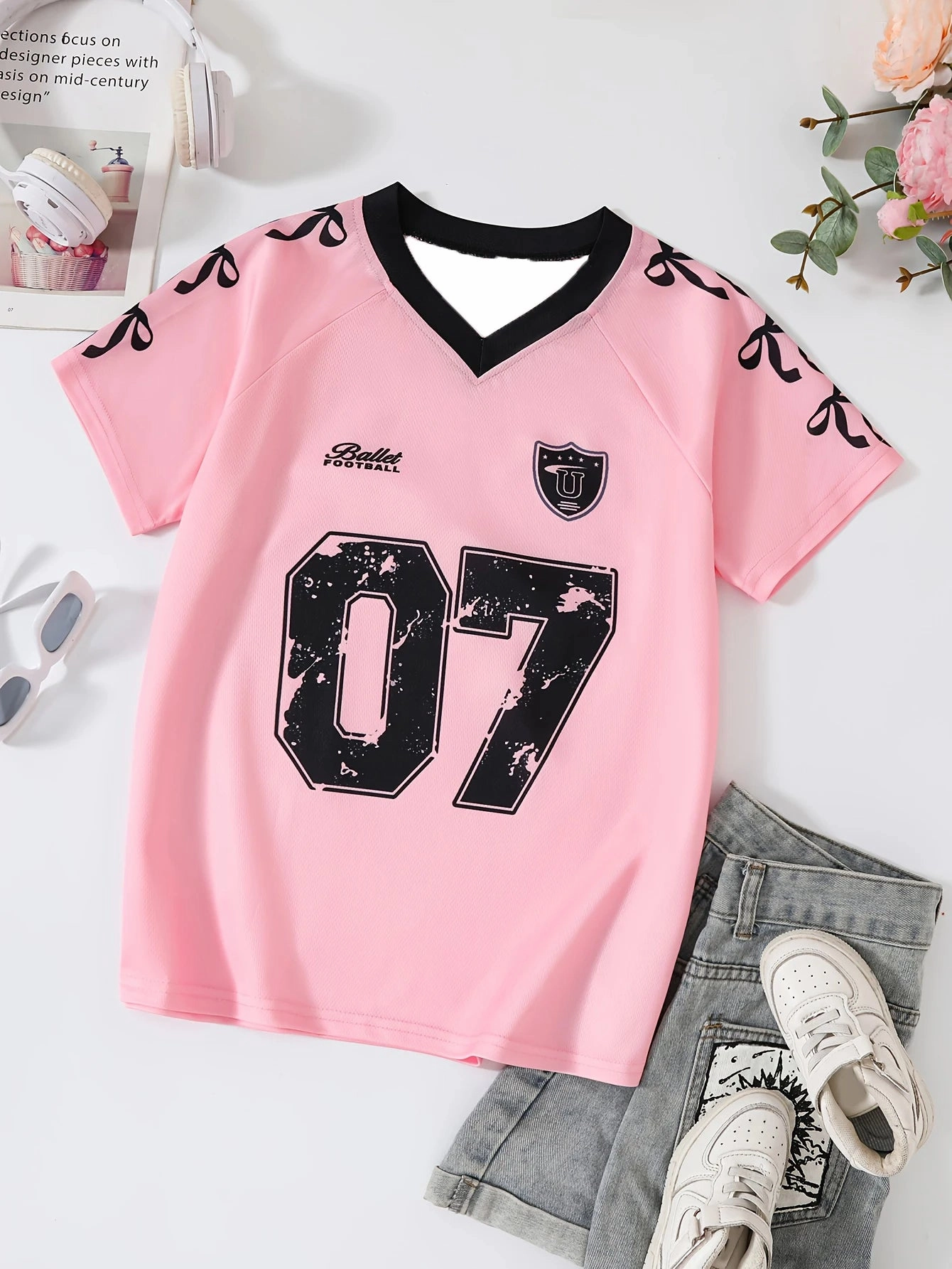 Girls V-Neck Short Sleeve T-Shirt Casual Summer Top with Bow in Pink and Black Size 07 Breathable and Comfortable