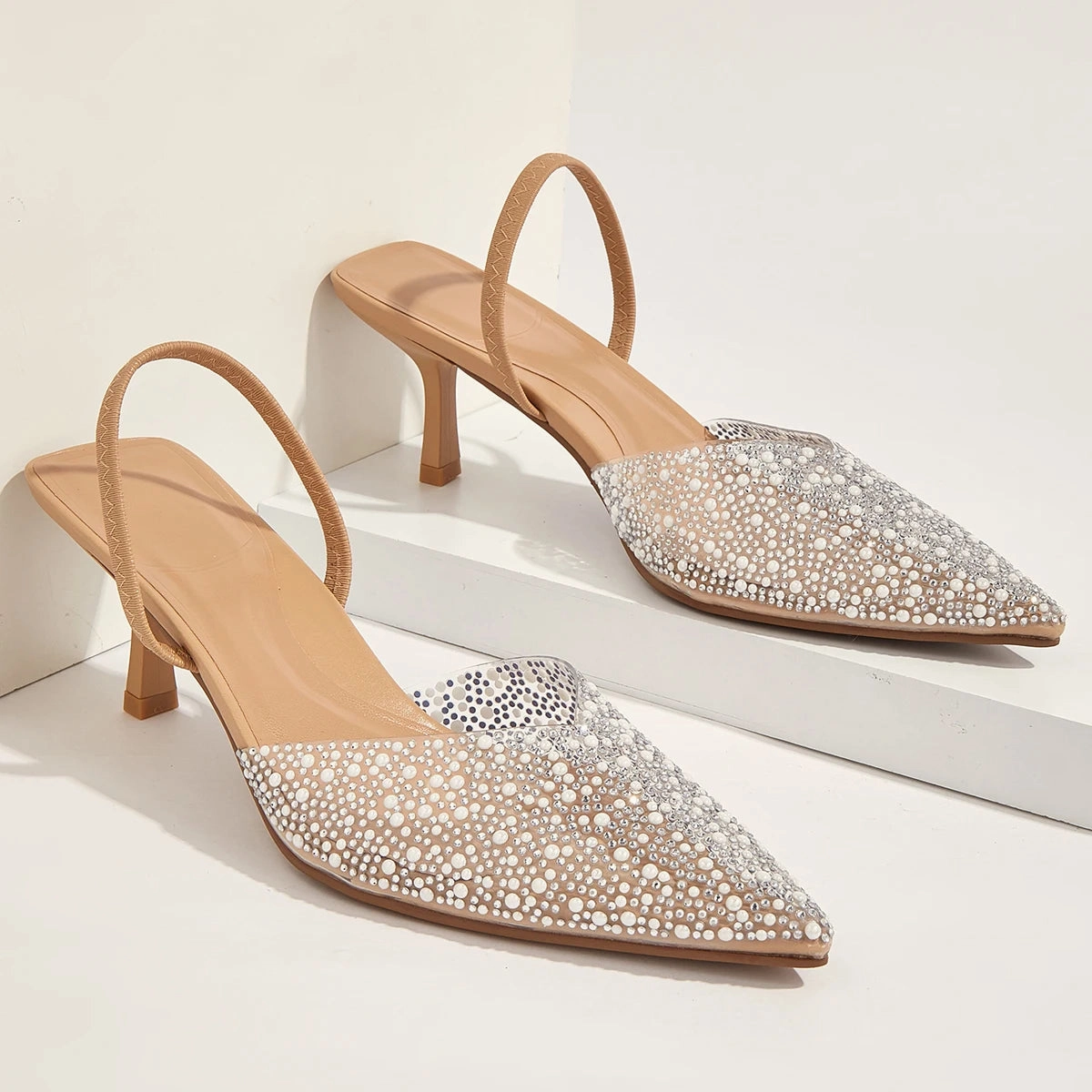 Glamorous Women's Heeled Sandals Translucent Faux Pearls Decor Slingback Stiletto Comfy Lightweight Prom Heels Summer