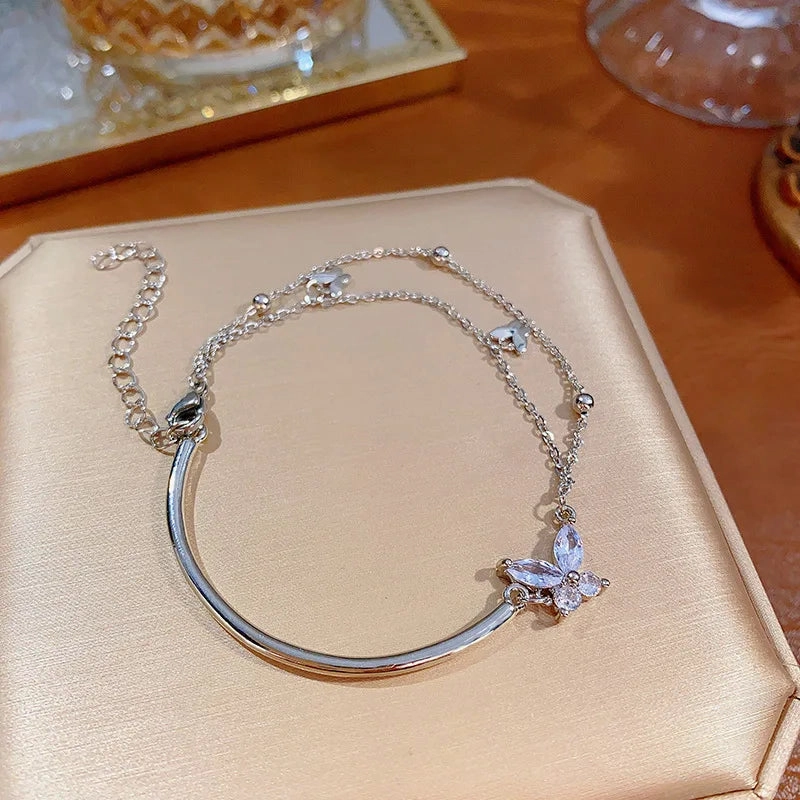 Golden Alloy Sweet Bow Bracelet For Women Adjustable Pearl Zircon Inlay