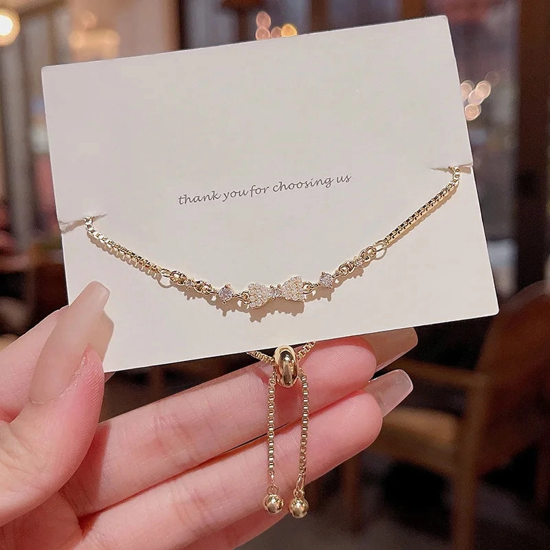 Golden Alloy Sweet Bow Bracelet For Women Adjustable Pearl Zircon Inlay