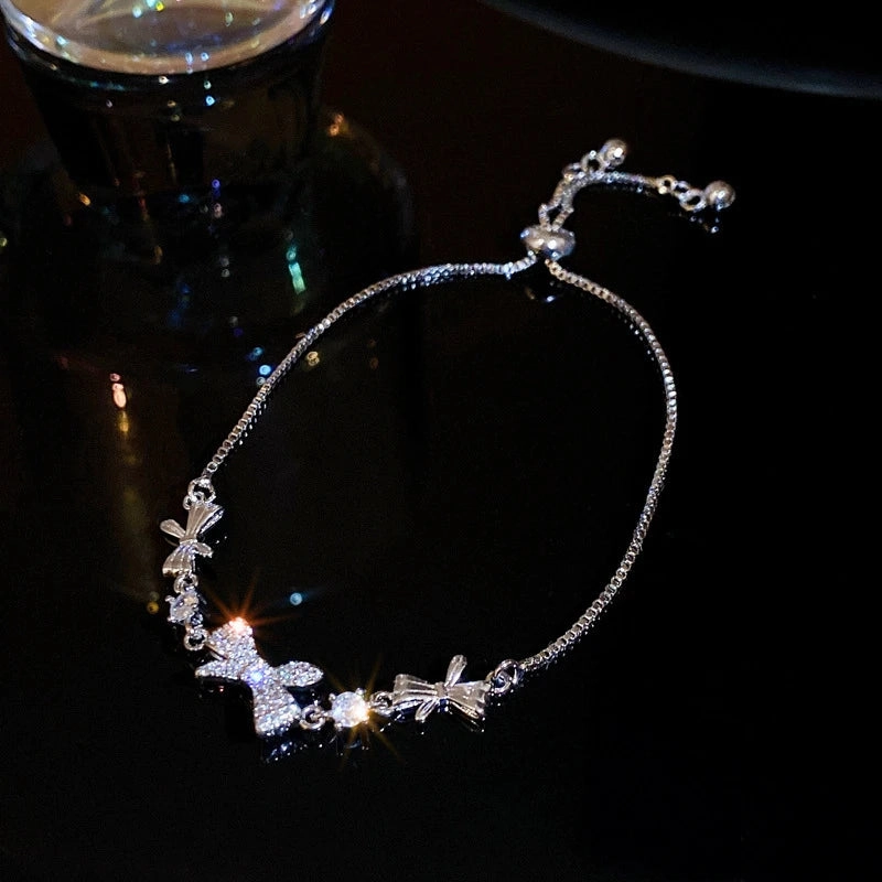 Golden Alloy Sweet Bow Bracelet For Women Adjustable Pearl Zircon Inlay