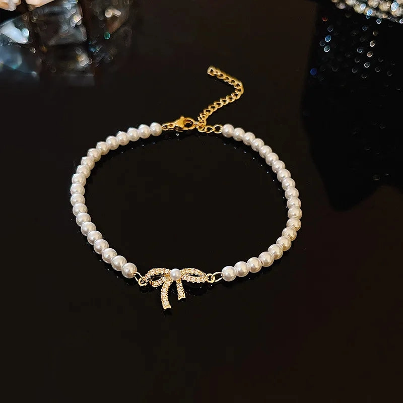 Golden Alloy Sweet Bow Bracelet For Women Adjustable Pearl Zircon Inlay