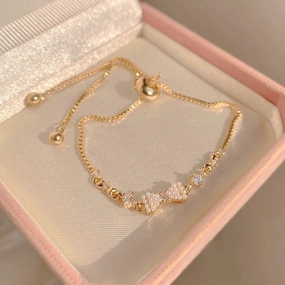 Golden Alloy Sweet Bow Bracelet For Women Adjustable Pearl Zircon Inlay