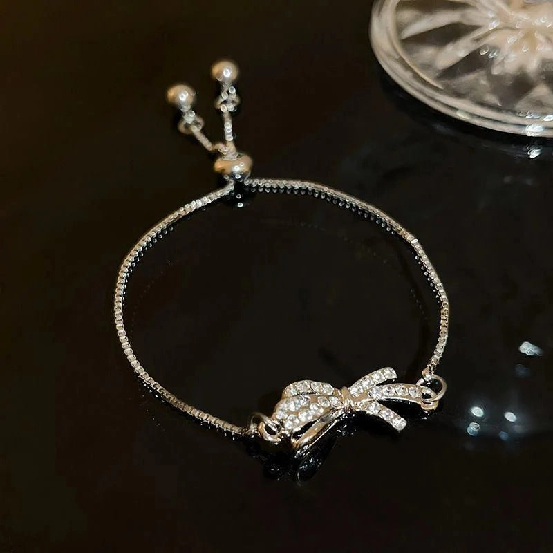 Golden Alloy Sweet Bow Bracelet For Women Adjustable Pearl Zircon Inlay