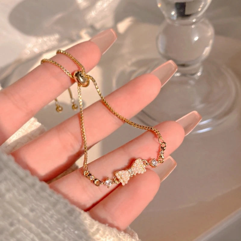 Golden Alloy Sweet Bow Bracelet For Women Adjustable Pearl Zircon Inlay