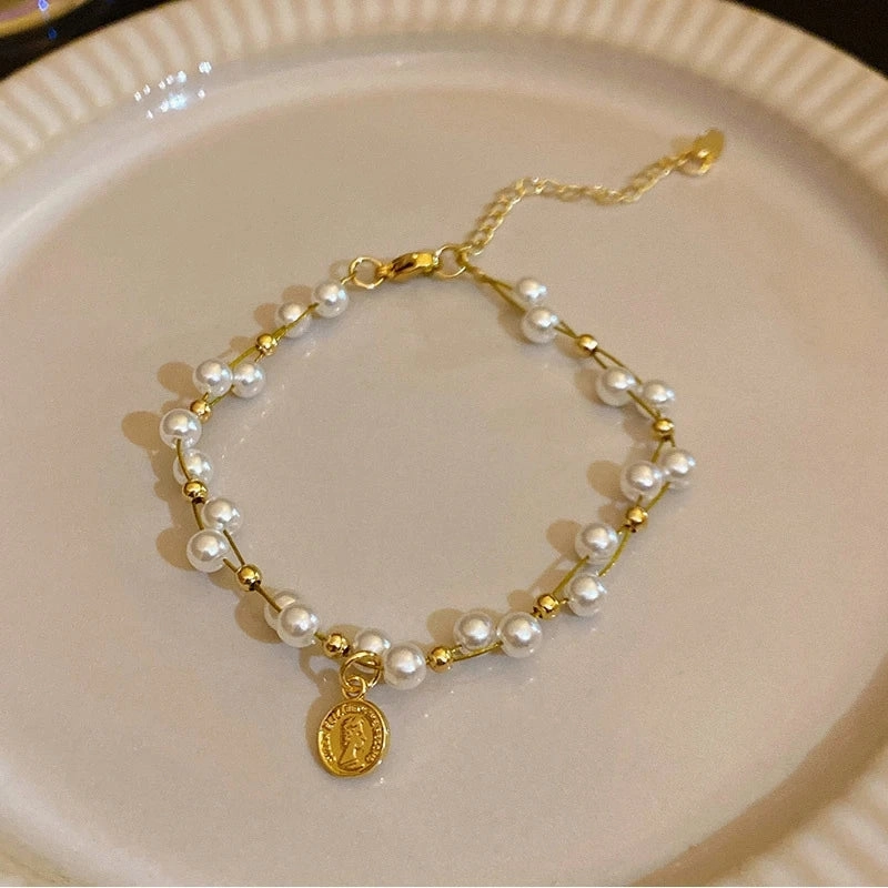 Golden Alloy Sweet Bow Bracelet For Women Adjustable Pearl Zircon Inlay