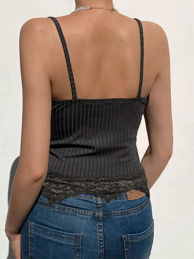 Gothic Basic Bodycon Women Camis Black Lace Trim Crop Top