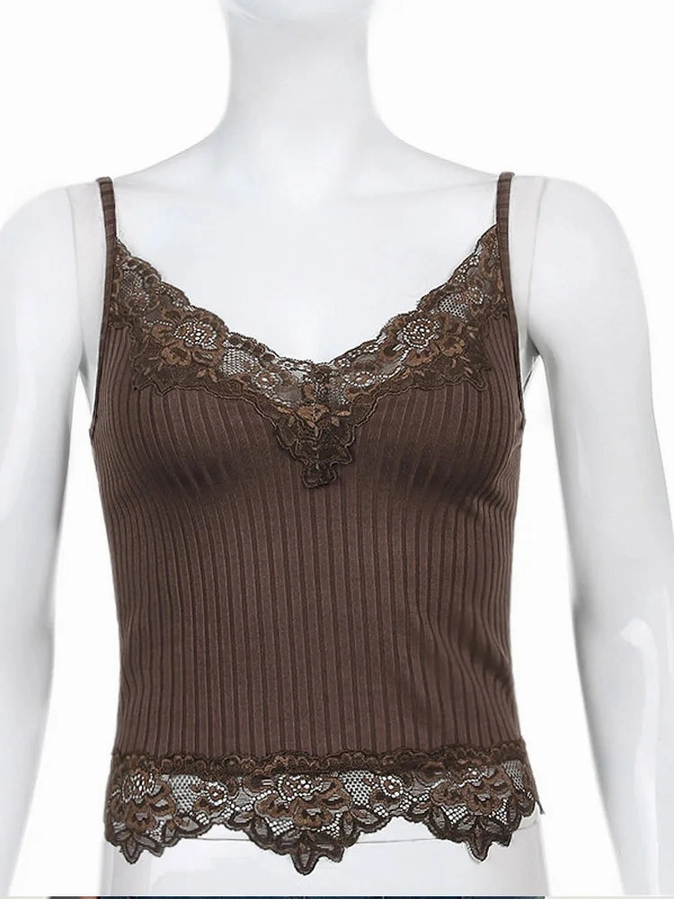Gothic Basic Bodycon Women Camis Black Lace Trim Crop Top