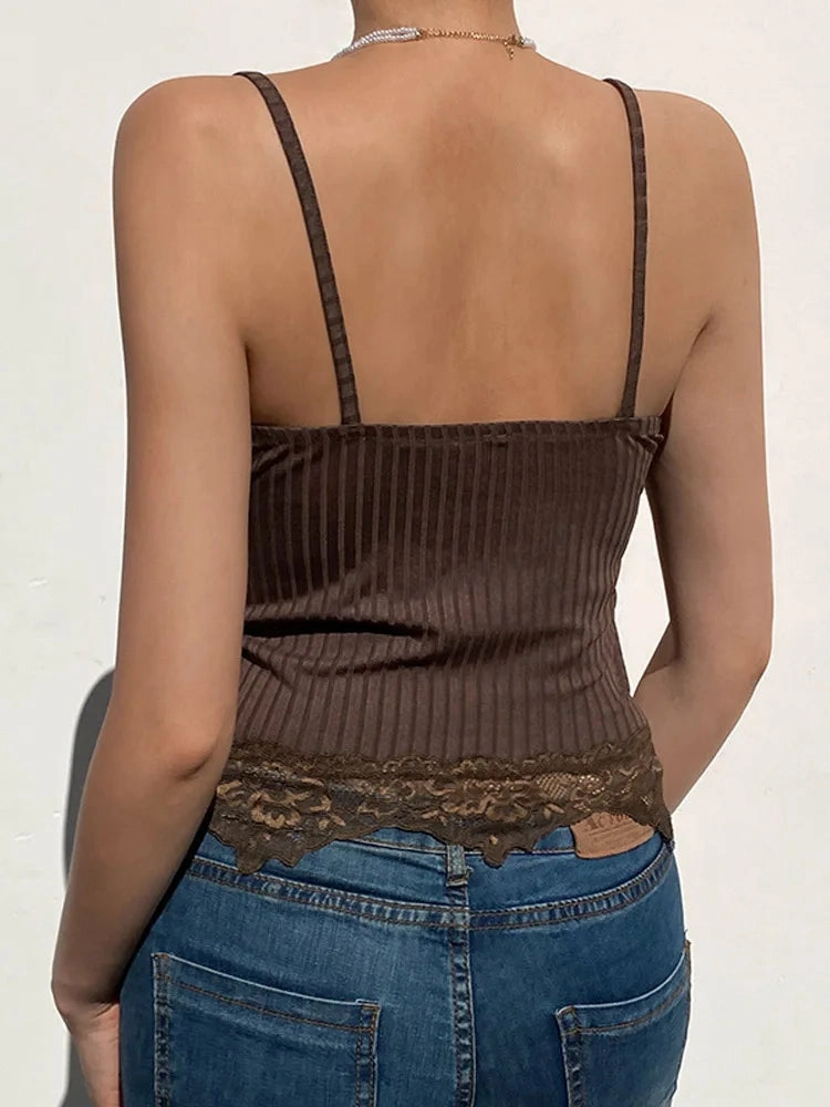 Gothic Basic Bodycon Women Camis Black Lace Trim Crop Top