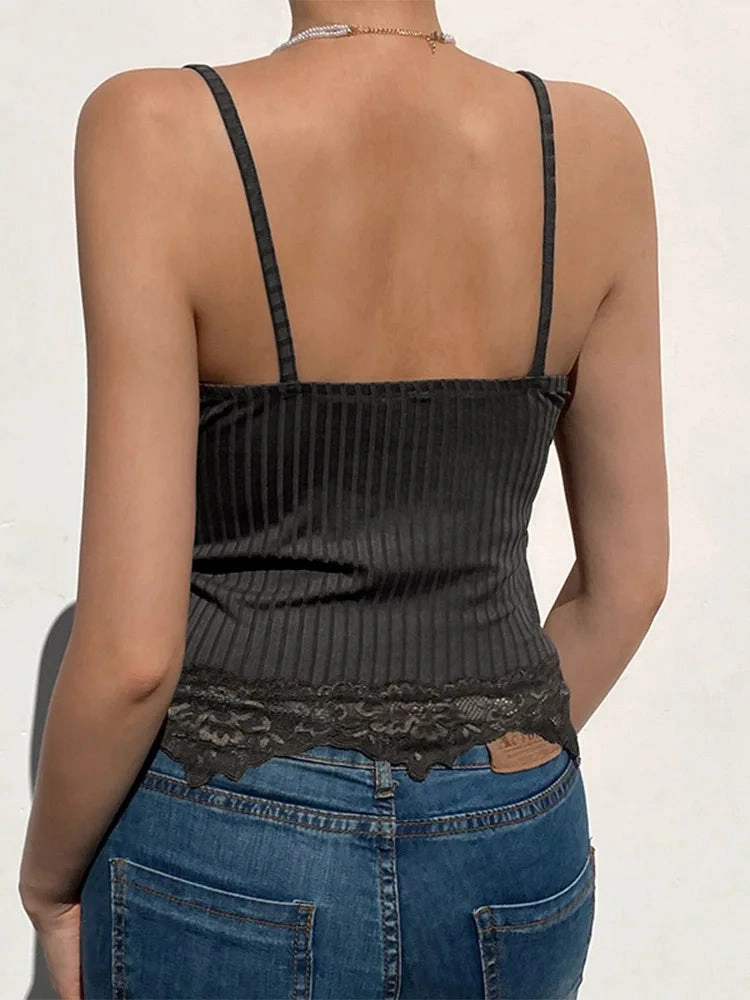Gothic Basic Bodycon Women Camis Black Lace Trim Crop Top