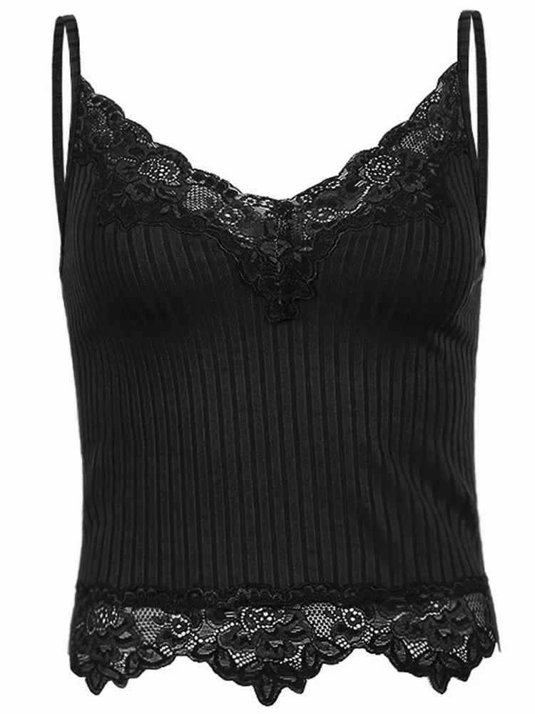 Gothic Basic Bodycon Women Camis Black Lace Trim Crop Top