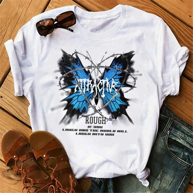 Gothic Women's Butterfly Tree Print Harajuku T Shirt Short Sleeve Casual Summer Top for Women