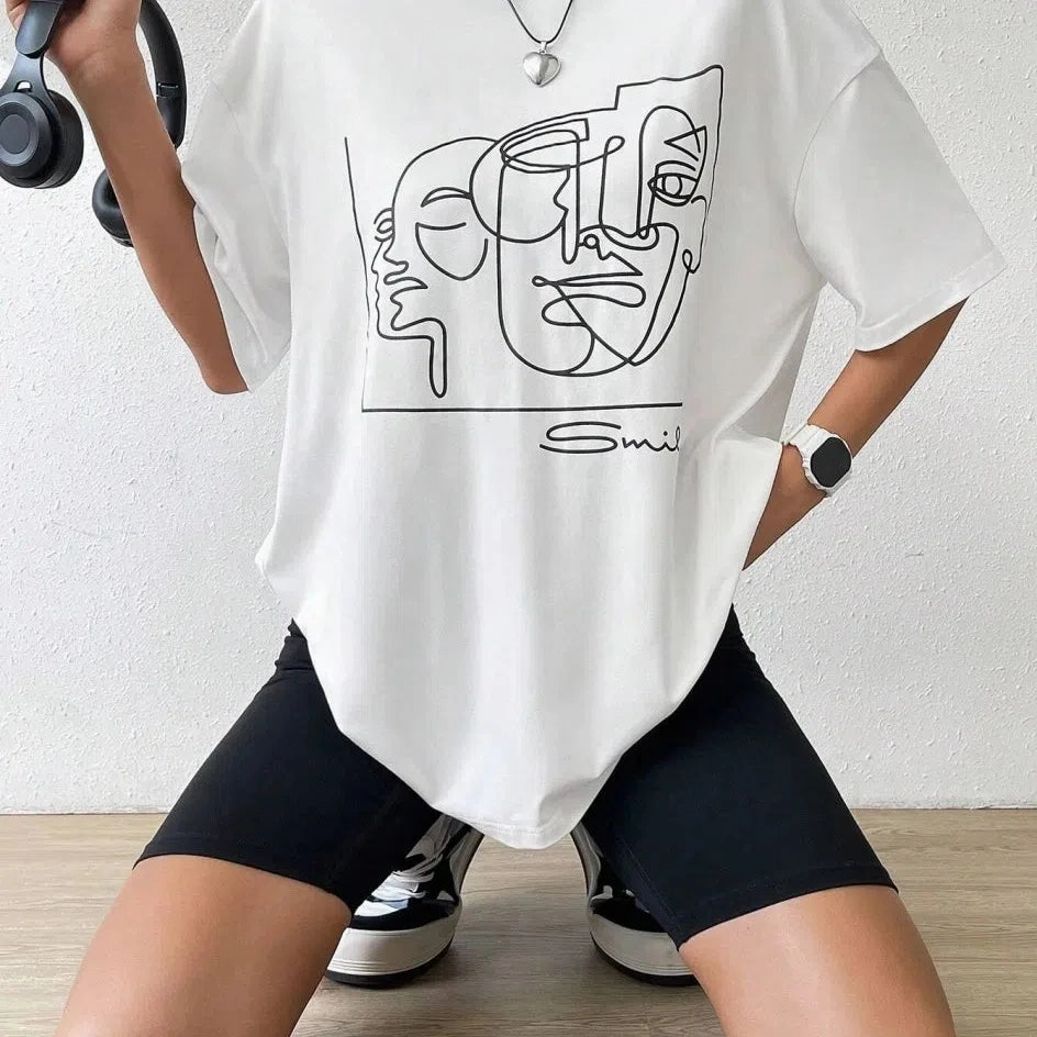 Graphic & Letter Print Crew Neck T Shirt Women Cotton Plus Size Casual Soft Short Sleeve Top