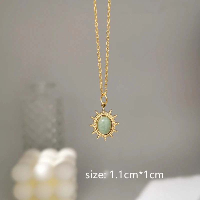 Gray Enamel Star Sun Charm Necklace with Natural Stones