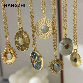 Gray Enamel Star Sun Charm Necklace with Natural Stones