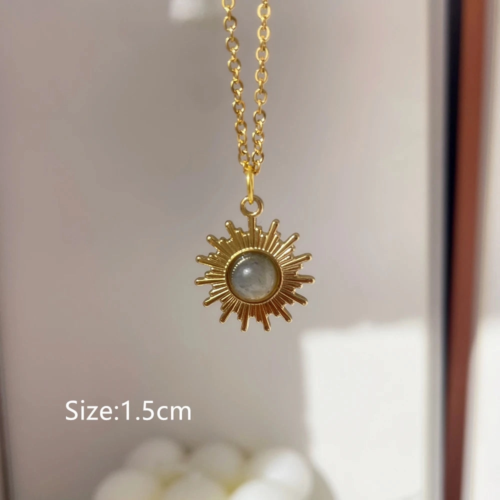 Gray Enamel Star Sun Charm Necklace with Natural Stones