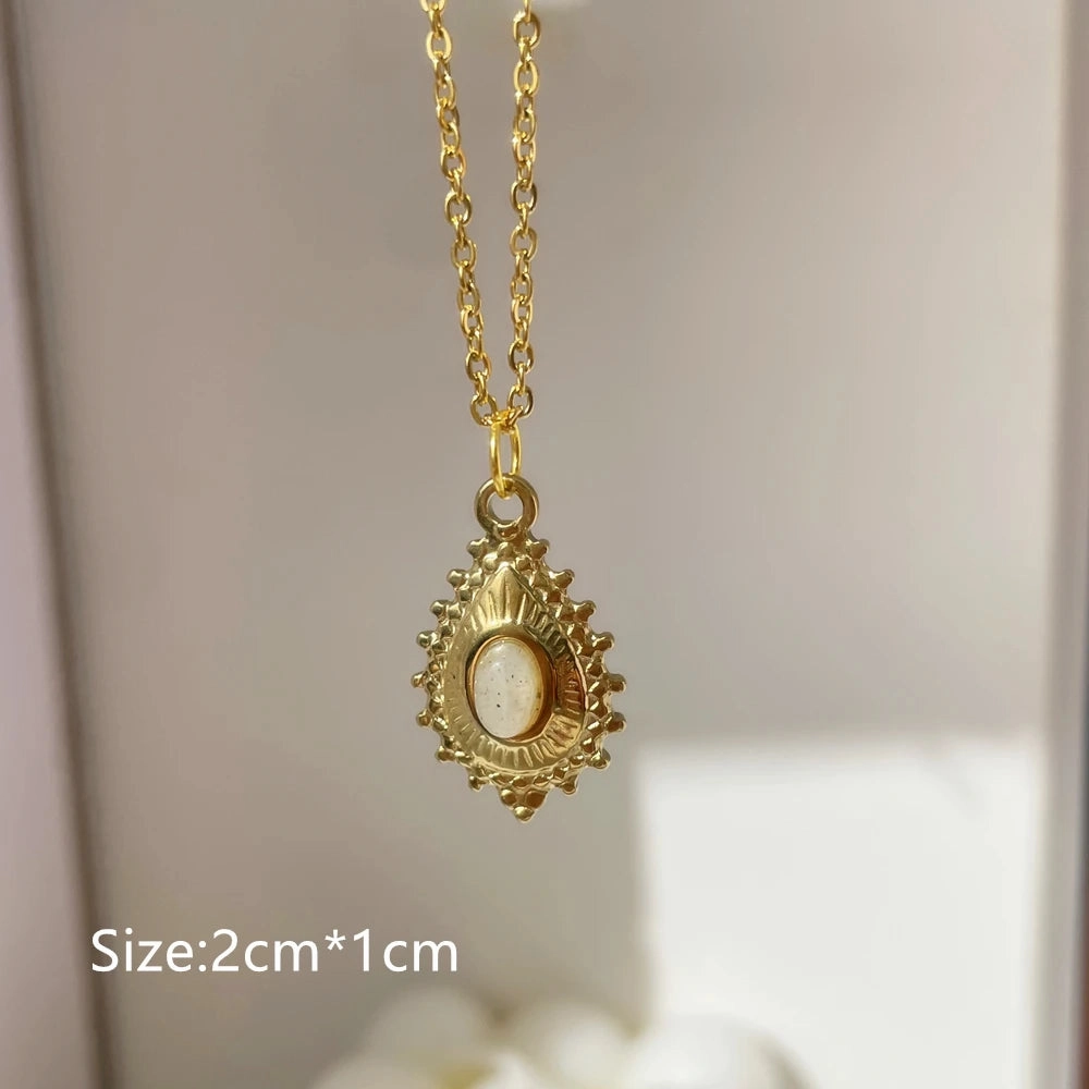Gray Enamel Star Sun Charm Necklace with Natural Stones