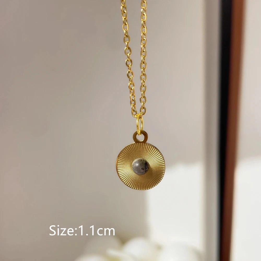 Gray Enamel Star Sun Charm Necklace with Natural Stones