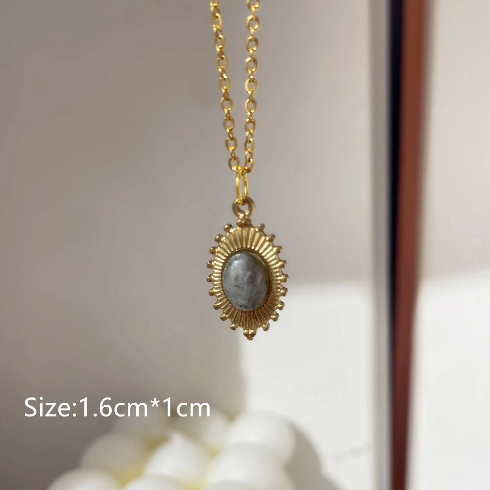 Gray Enamel Star Sun Charm Necklace with Natural Stones