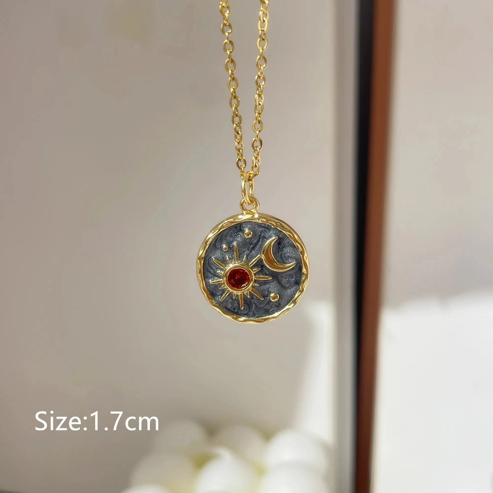 Gray Enamel Star Sun Charm Necklace with Natural Stones