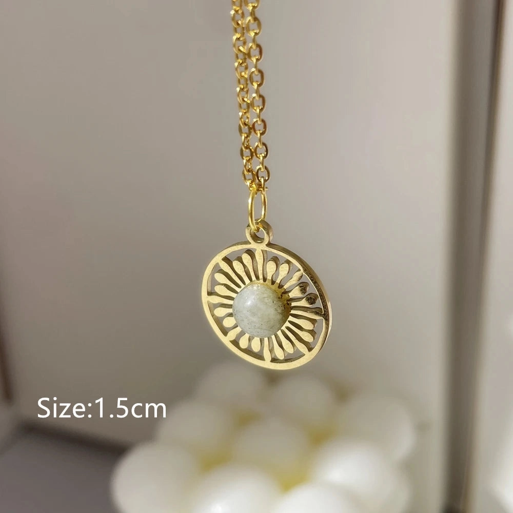 Gray Enamel Star Sun Charm Necklace with Natural Stones