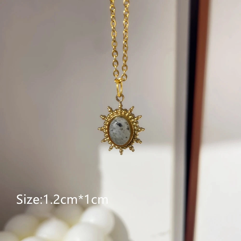 Gray Enamel Star Sun Charm Necklace with Natural Stones