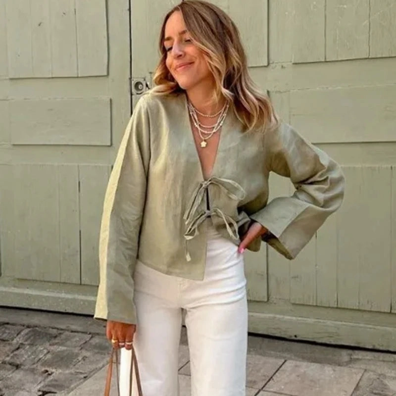 Green Linen Lace Up Long Sleeve Casual V Neck Shirt for Women