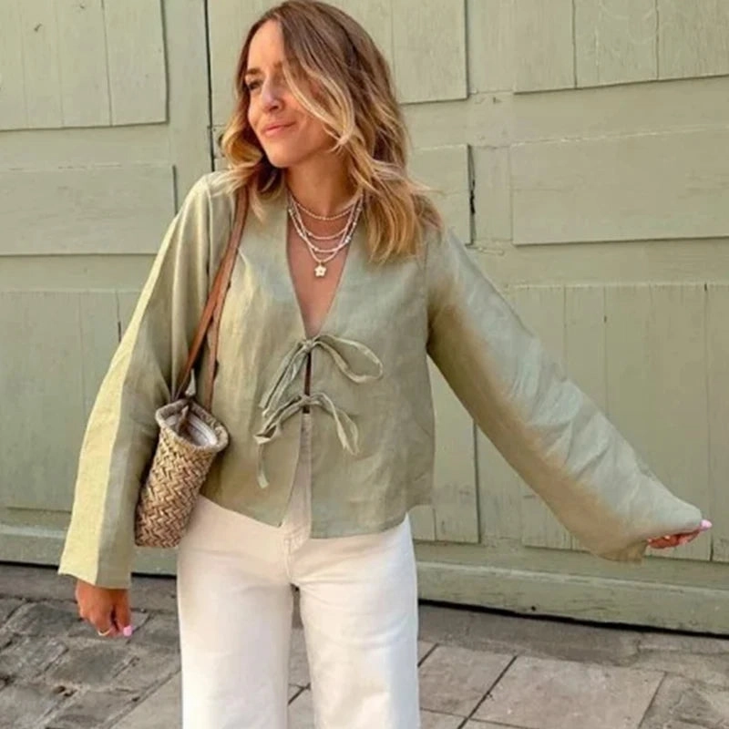 Green Linen Lace Up Long Sleeve Casual V Neck Shirt for Women