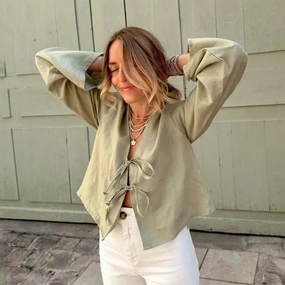 Green Linen Lace Up Long Sleeve Casual V Neck Shirt for Women