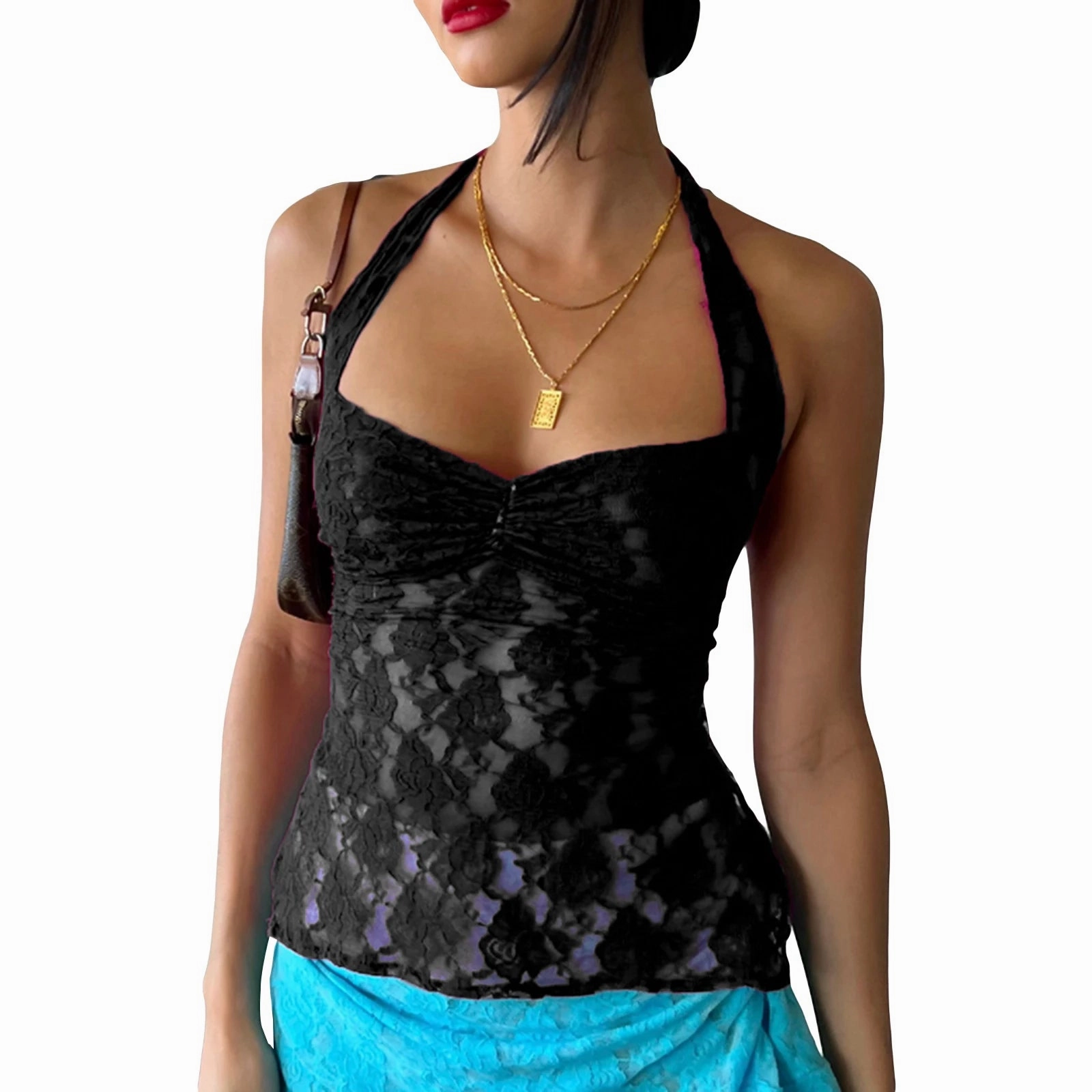 Halter Lace See Through Crop Top for Women Summer Party