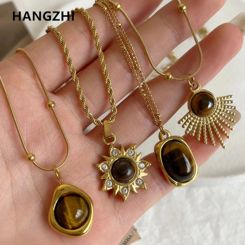 HangZhi Natural Stone Titanium Steel Pendant Necklace with Rhinestone Flower Charm for Women