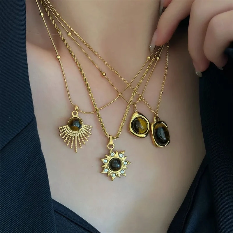 HangZhi Natural Stone Titanium Steel Pendant Necklace with Rhinestone Flower Charm for Women