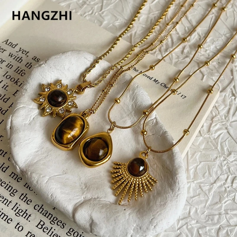 HangZhi Natural Stone Titanium Steel Pendant Necklace with Rhinestone Flower Charm for Women
