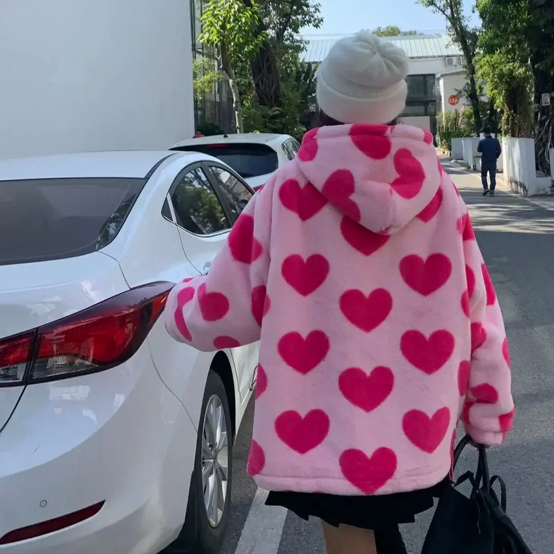 Harajuku Heart-shaped Print Plush Jacket Women Winter Coat