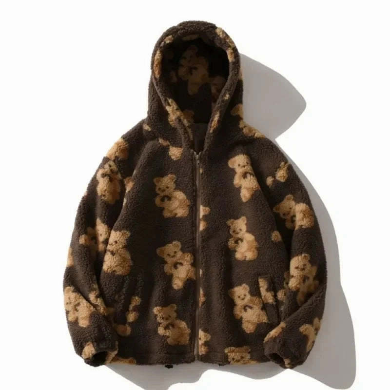 Harajuku Heart-shaped Print Plush Jacket Women Winter Coat