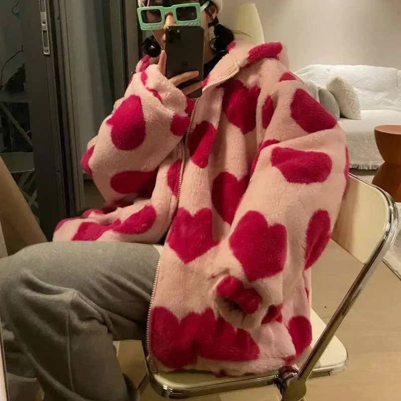 Harajuku Heart-shaped Print Plush Jacket Women Winter Coat