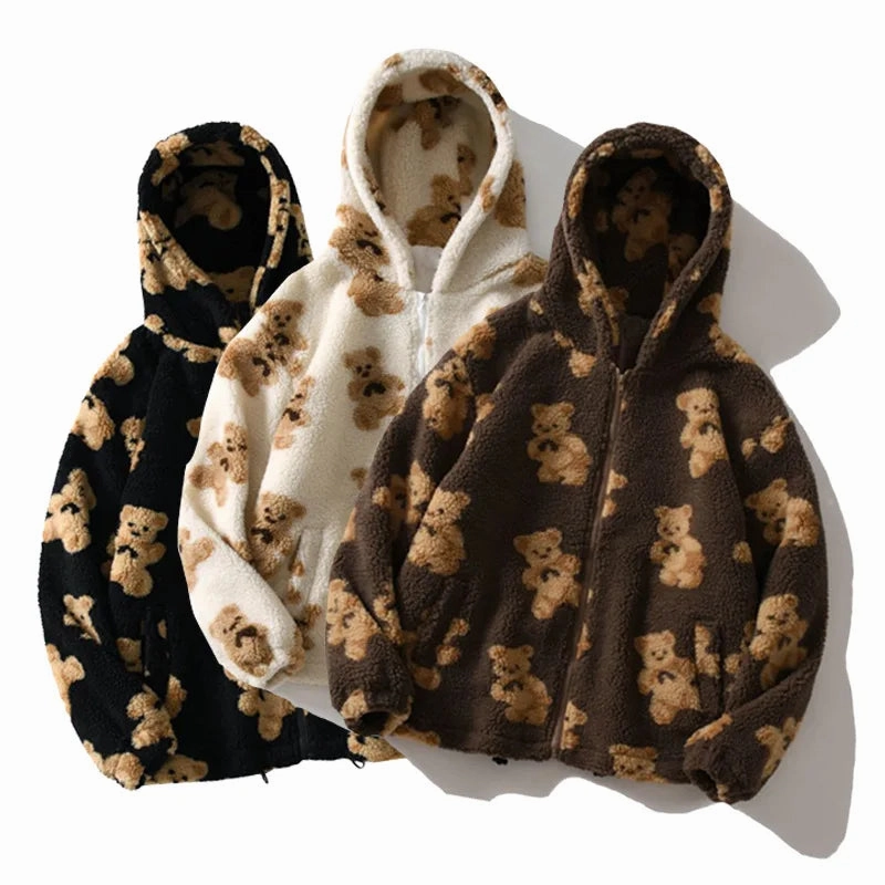 Harajuku Heart-shaped Print Plush Jacket Women Winter Coat