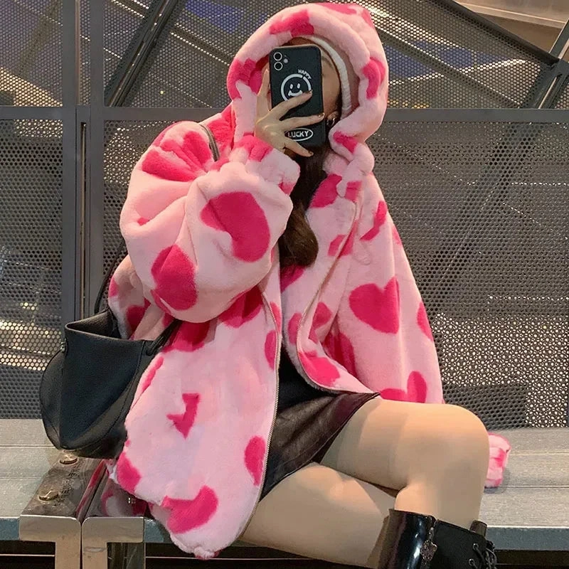 Harajuku Heart-shaped Print Plush Jacket Women Winter Coat
