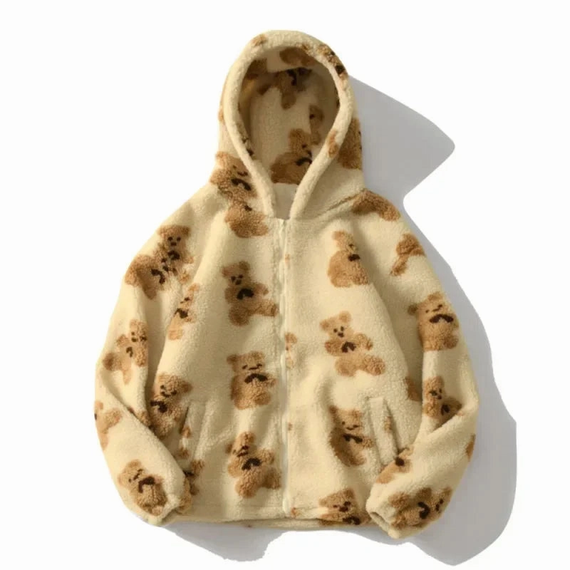 Harajuku Heart-shaped Print Plush Jacket Women Winter Coat