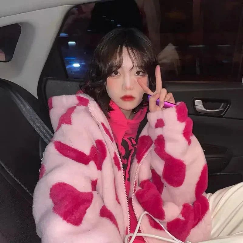 Harajuku Heart-shaped Print Plush Jacket Women Winter Coat