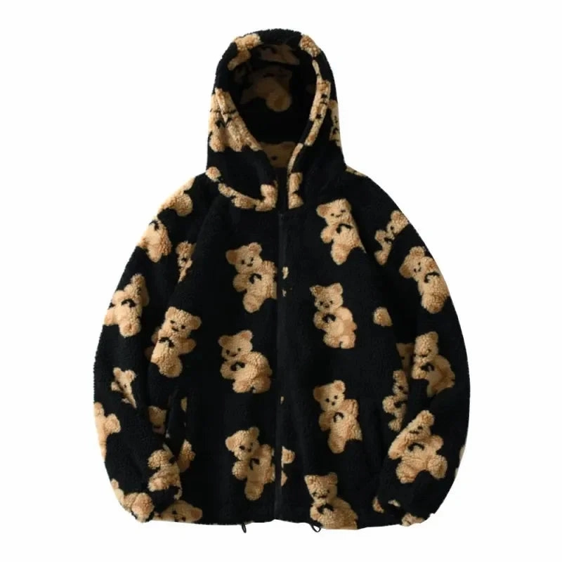 Harajuku Heart-shaped Print Plush Jacket Women Winter Coat