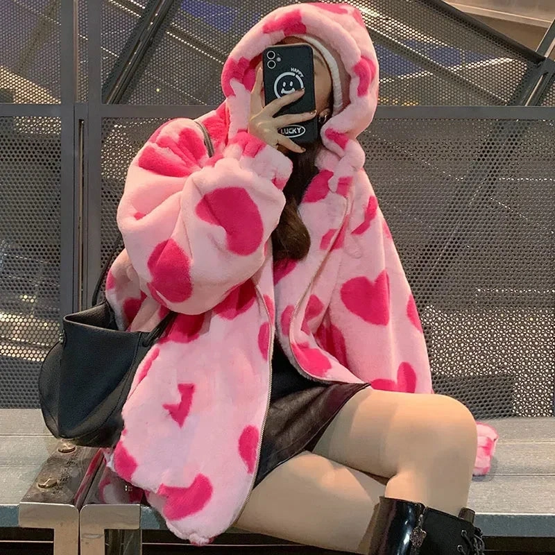 Harajuku Heart-shaped Print Plush Jacket Women Winter Coat
