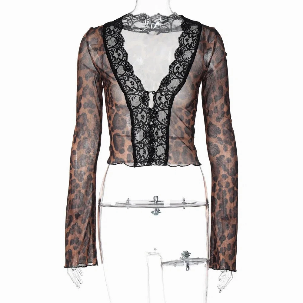 Hawthaw Women Spring Summer Long Sleeve Party Club Streetwear Leopard Crop Tops T Shirts Wholesale Items For Business