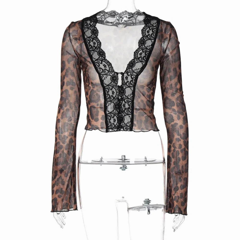 Hawthaw Women Spring Summer Long Sleeve Party Club Streetwear Leopard Crop Tops T Shirts Wholesale Items For Business