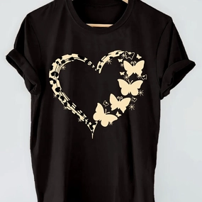 Heart & Butterfly Print T-shirt for Women, Casual Top