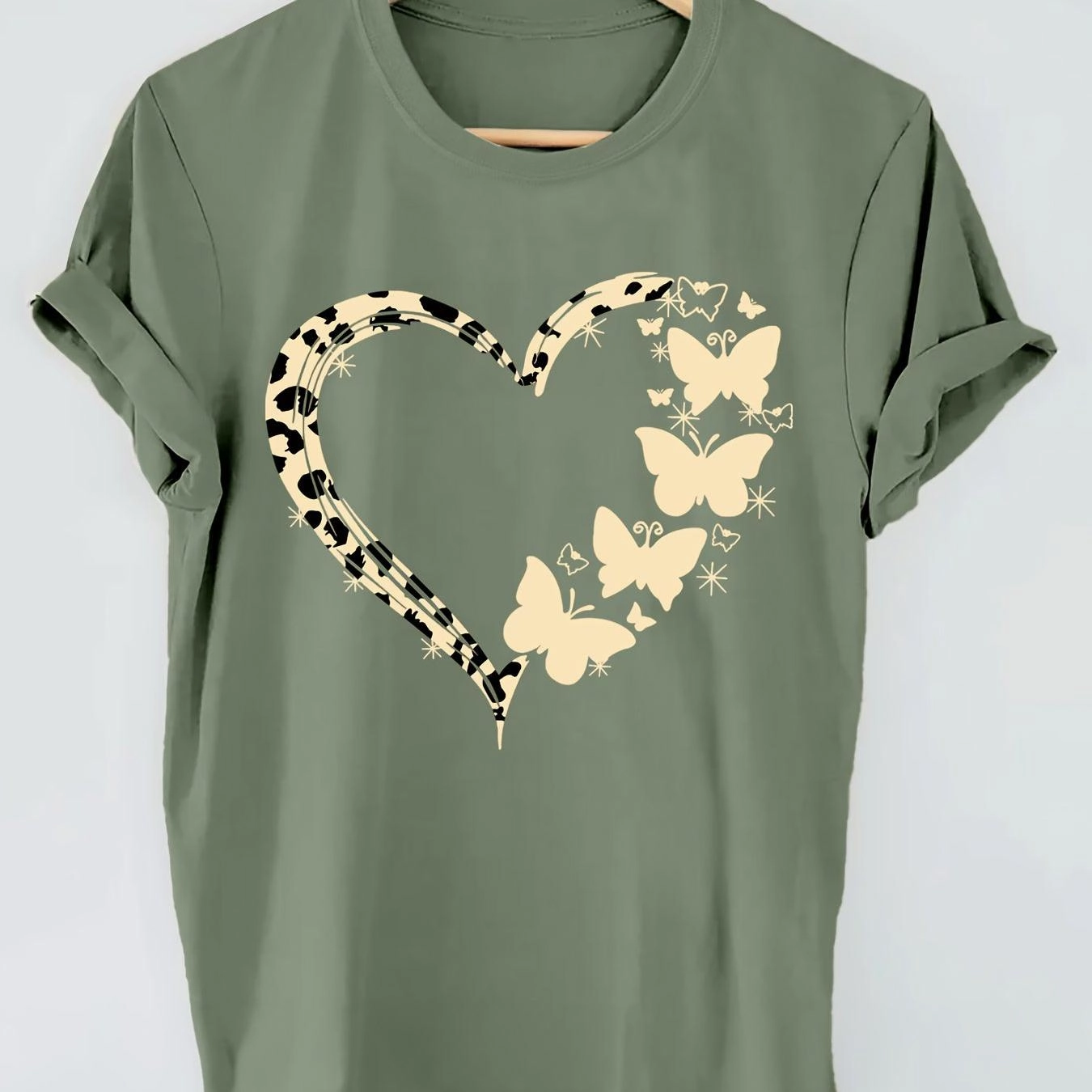 Heart & Butterfly Print T-shirt for Women, Casual Top