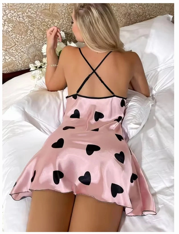 Heart Print Slip Nightdress Casual Crew Neck Mini Sleepwear