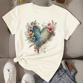 Heart Print T-shirt Short Sleeve Crew Neck Casual Top