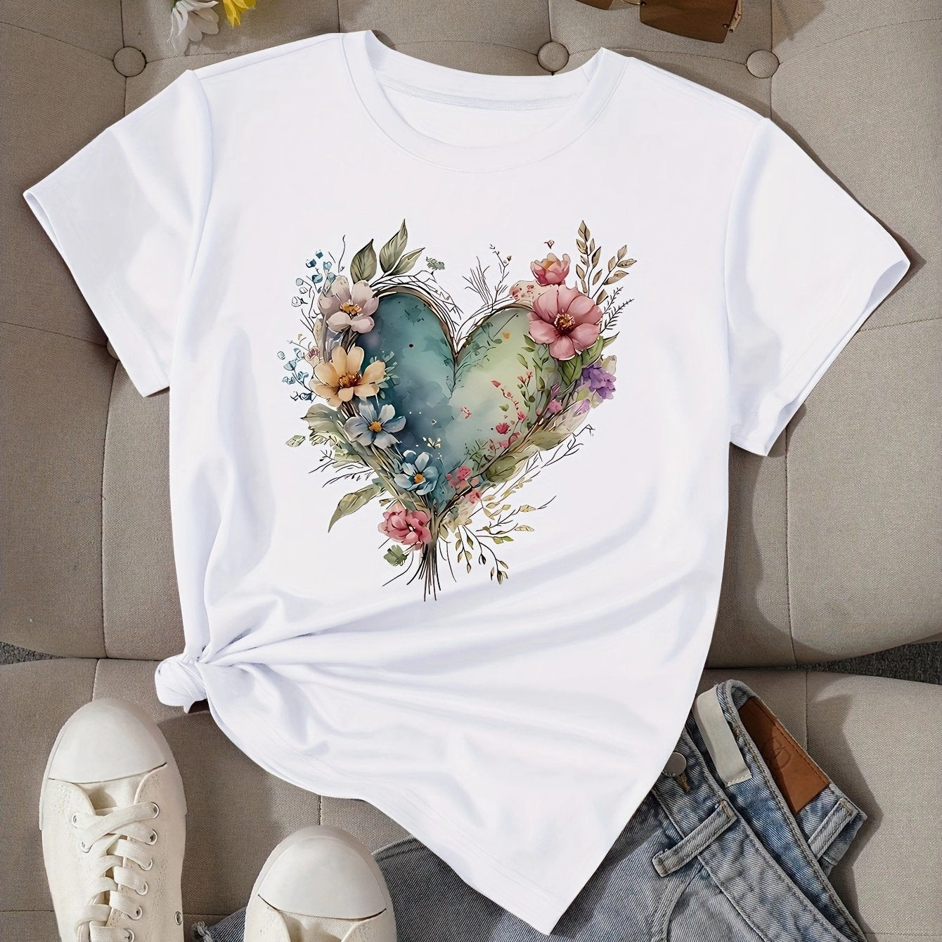 Heart Print T-shirt Short Sleeve Crew Neck Casual Top