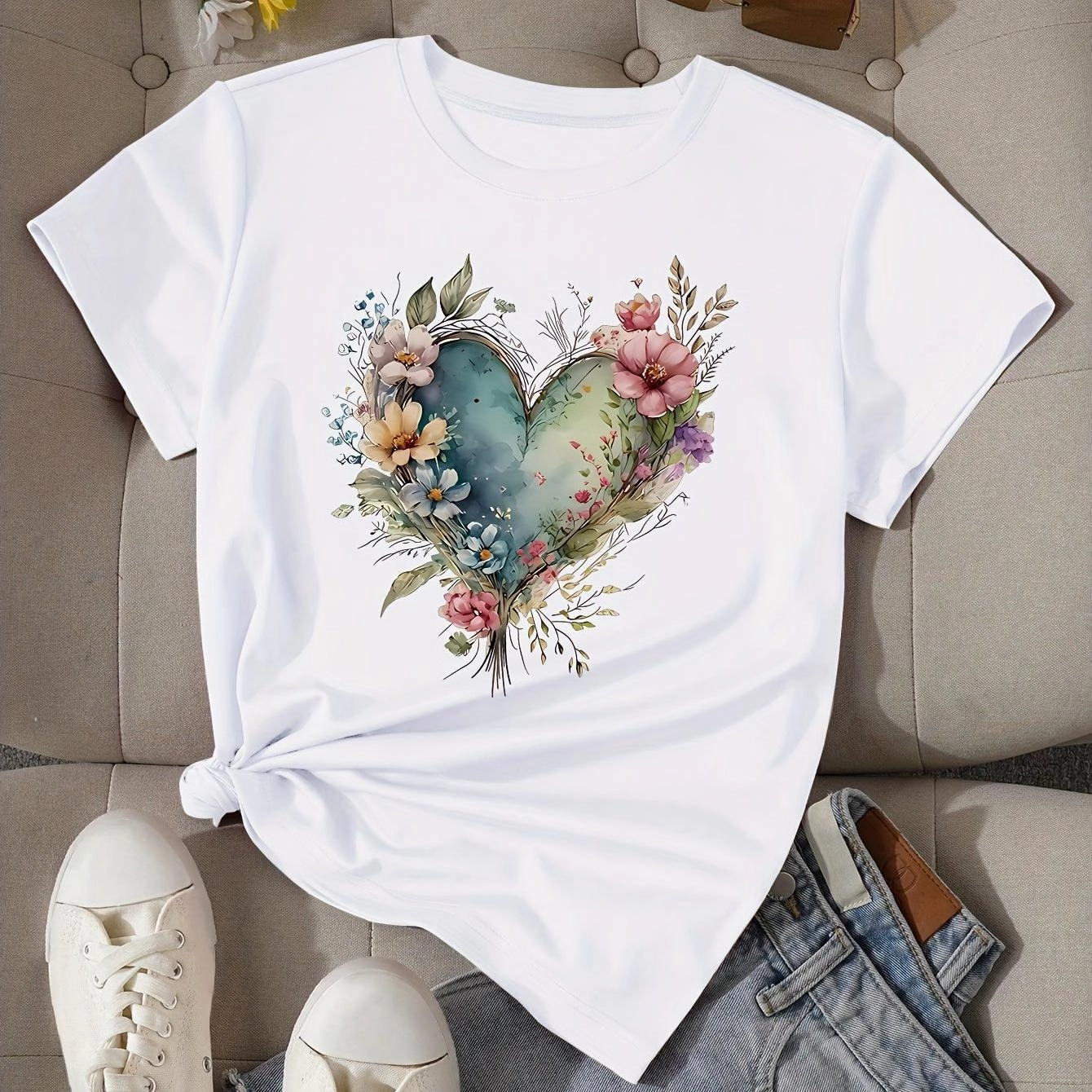 Heart Print T-shirt Short Sleeve Crew Neck Casual Top